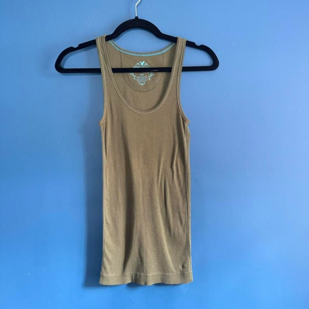 Y2K American Eagle Tank Top Women's Size Small Green Ribbed Cami‎ Khaki Boho